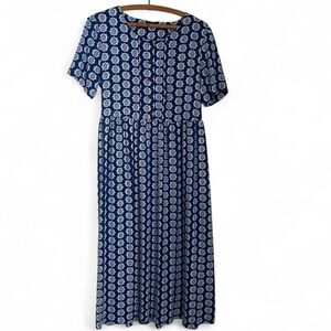 Vintage 90s Royal Blue Geometric Print Midi Button Short Sleeve Rayon Dress